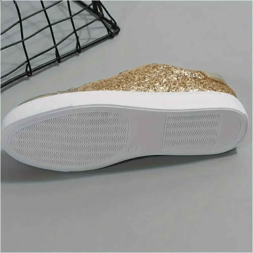 Women's Gold Sequin Glitter Sneakers Shoes Low Top Sparkle Festival